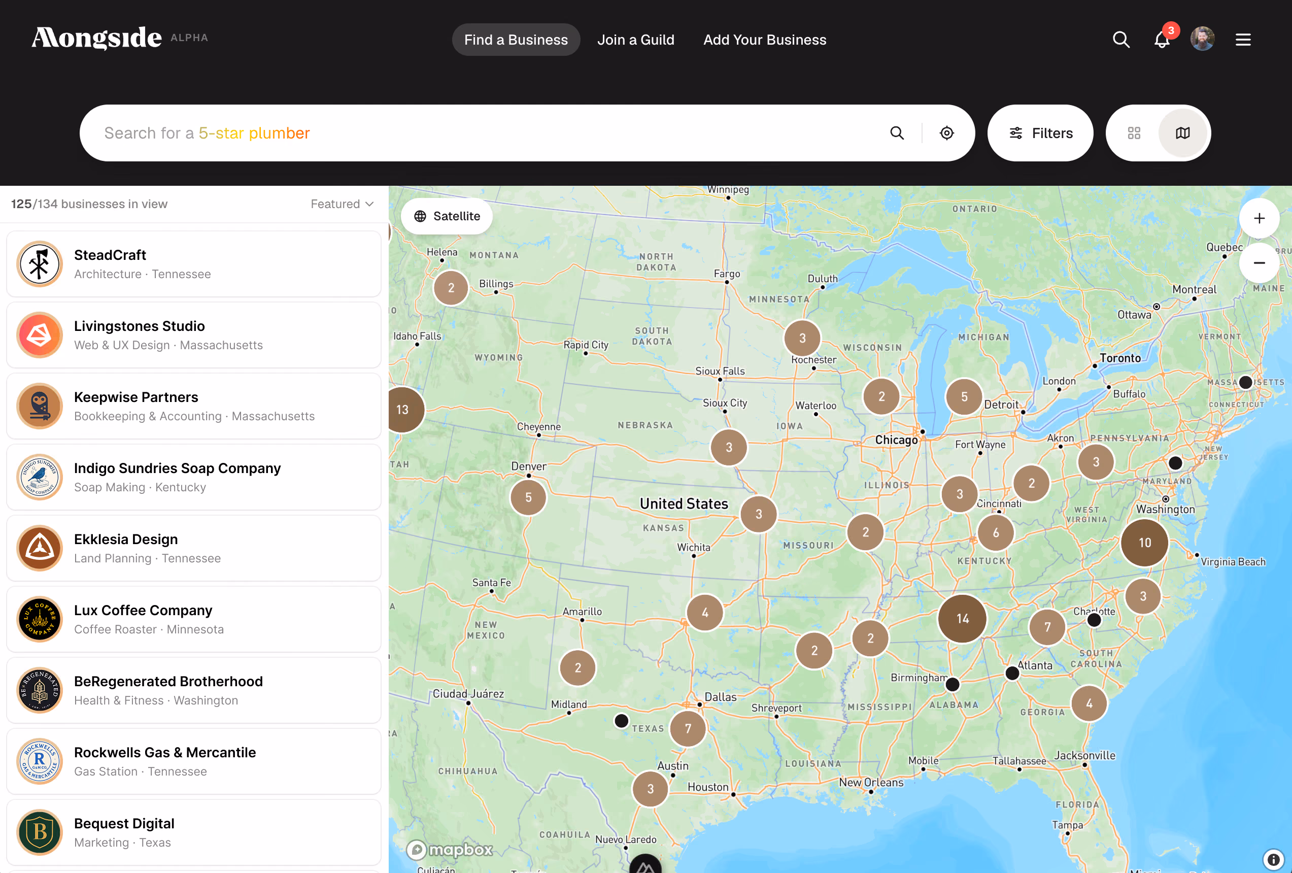 The Alongside business search on desktop